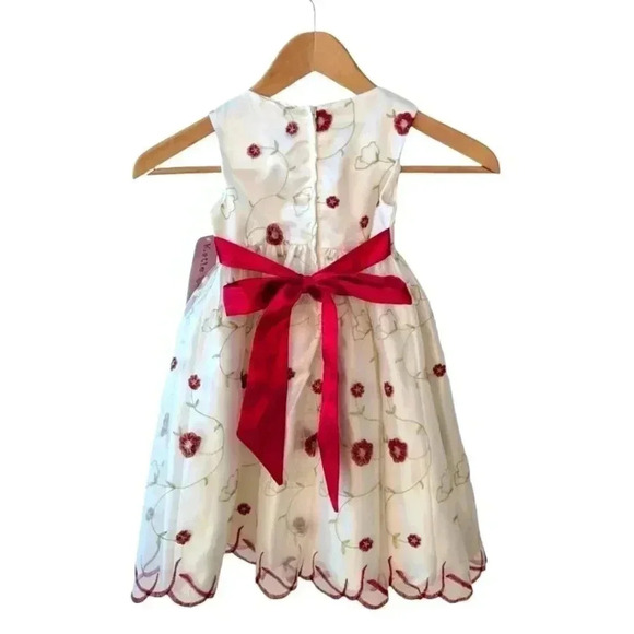 NWT Girls  Fancy Party Dress By Katie M Ivory with Red Flowers Green Leaves 4T - Picture 2 of 7